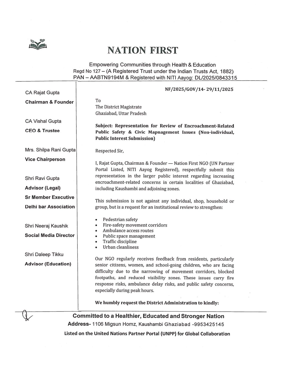 Representation to District Magistrate