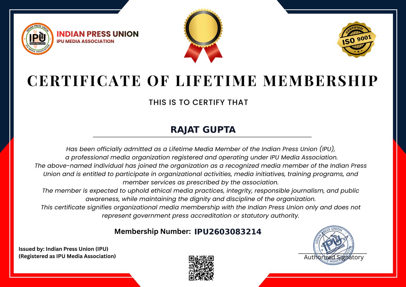 Certificate of Lifetime Membership — Indian Press Union (IPU Media Association), Rajat Gupta, Membership No. IPU2603083214