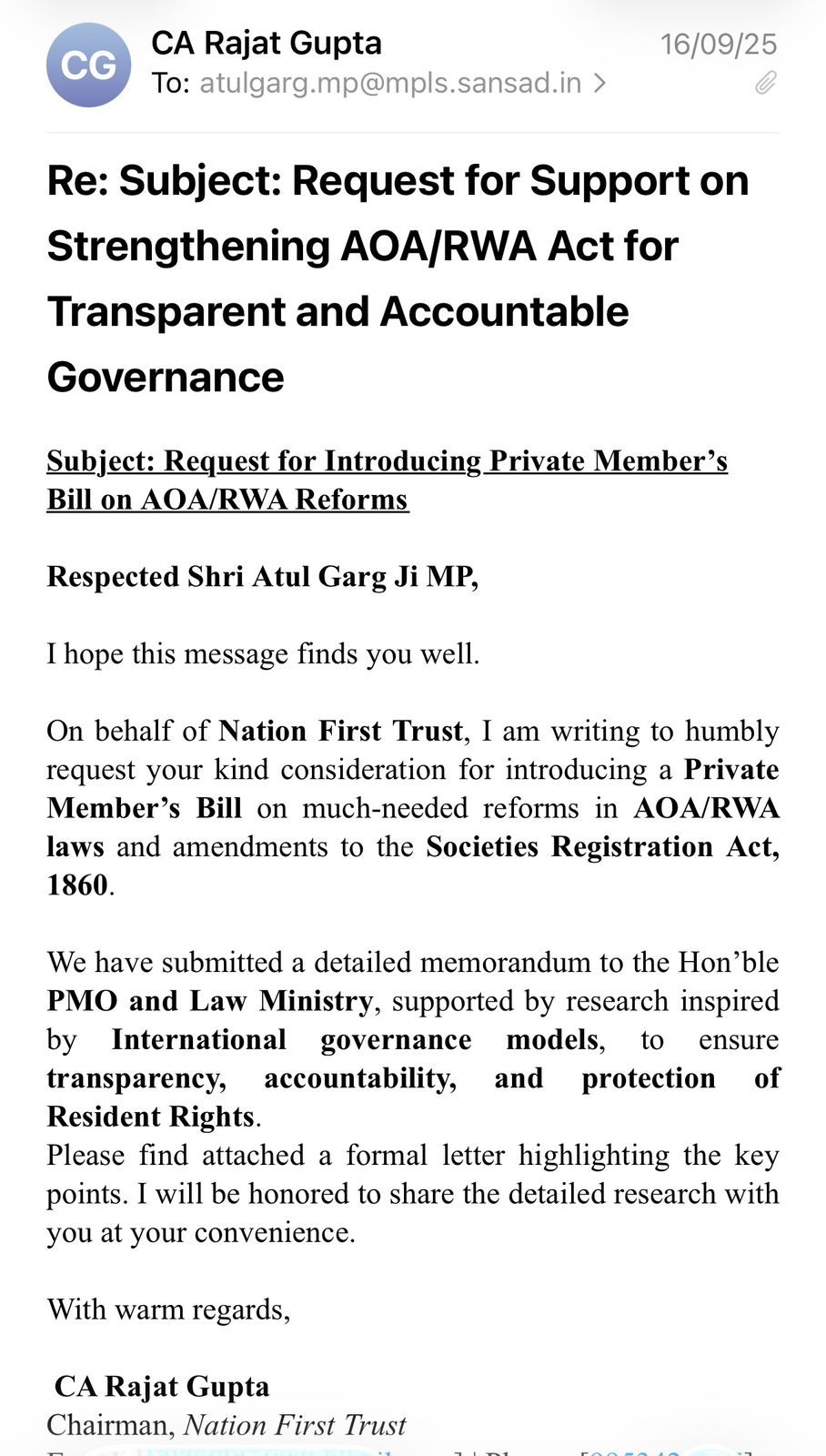 Email to Shri Atul Garg, MP, requesting a Private Member's Bill on AOA/RWA reforms