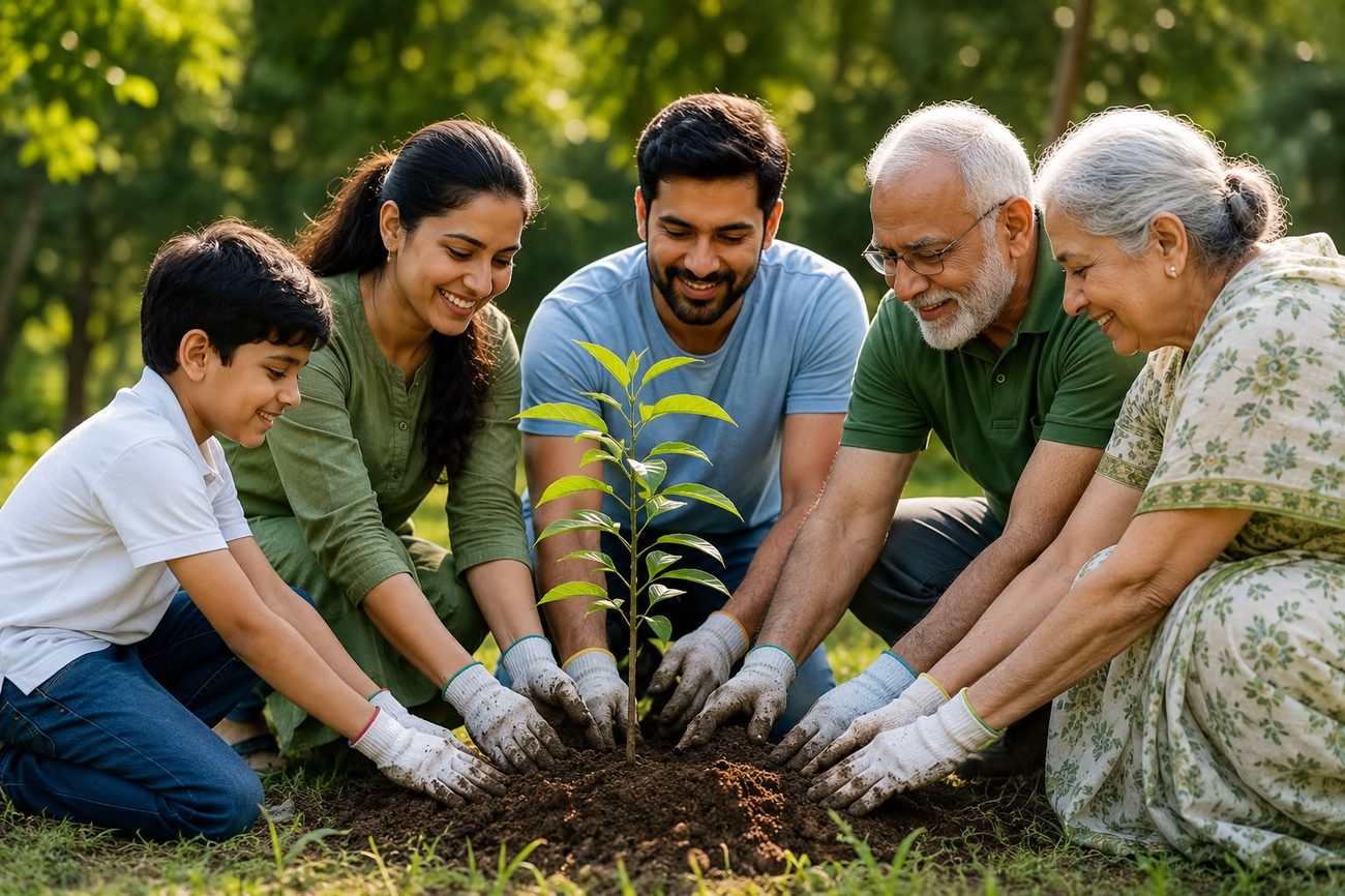 Family planting a sapling together